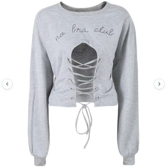 *Women's No Bra Club Letter Printed Long Sleeve Crop Top Long Sleeve - Picture 3 of 8